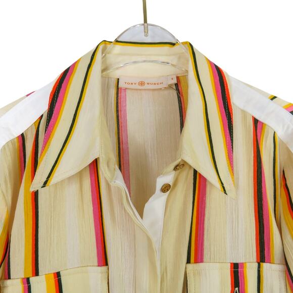 Tory Burch Canyon Stripe Cotton Shirt Size 6 Collared Multicolor Button Down - Picture 8 of 12